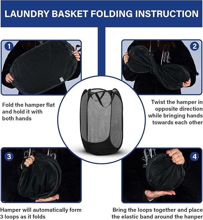 DecorRack 1 Pack Mesh Pop Up Laundry Hamper, Lightweight Foldable Clothes Basket with Easy Carry Handles, Durable Mesh Design for Air Circulation and Simple Storage, Black (1 Pack)