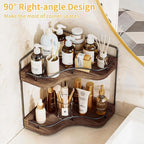 2-Tier Corner Bathroom Counter Organizer with Embedded Screw Holes, Secure & Stable Wood Vanity Shelf for Makeup and Skincare Essentials - Space Saving Bathroom Countertop Storage, Dark Brown