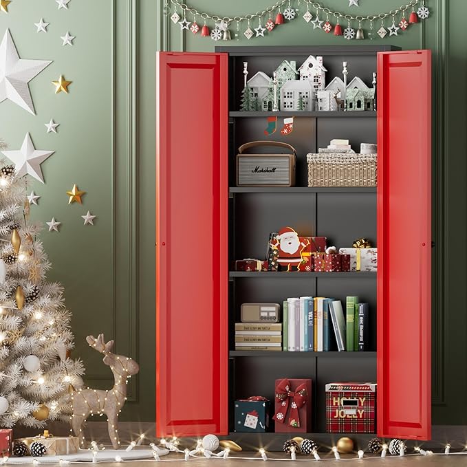 INTERGREAT Metal Storage Cabinet with Magnetic Doors, 63" H Traditional European Style Metal Cabinets with 2 Doors and 4 Adjustable Shelves for Home Office, Kitchen, Bathroom (Black Red)