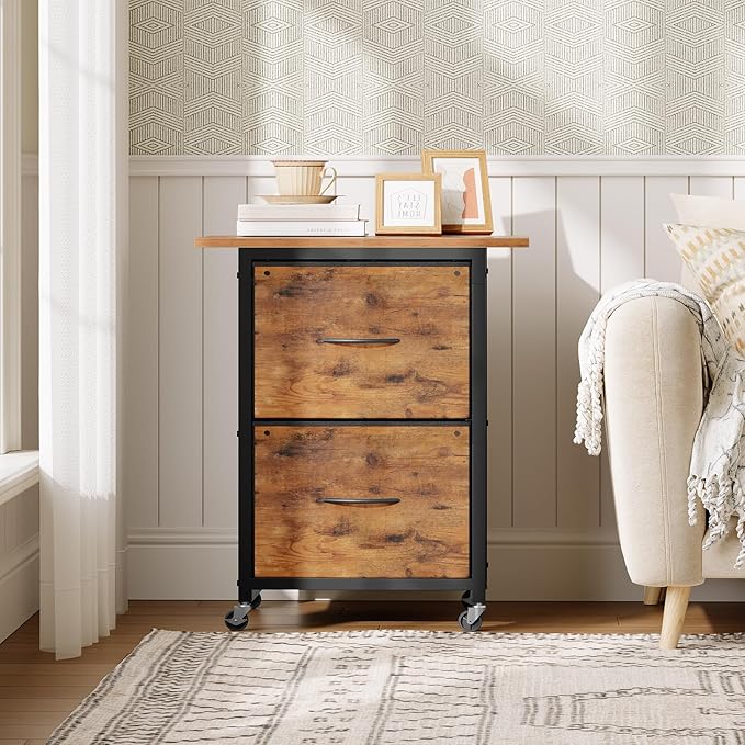 2 Drawer File Cabinet, Vertical Filing Cabinet with Wheels, Printer Stand with Non-Woven Fabric Drawer, Adjustable Hanging Rods, fits A4/Letter Size, for Home Office, Rustic Brown FCHR5801