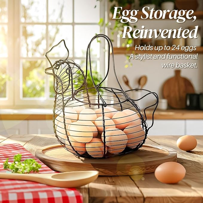 Flexzion Chicken Egg Holder, Black, Rectangular Wire Basket with Handle for Eggs, Fruits, Vegetables, Countertop, Farmhouse Rustic Style