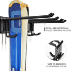 RaxGo Ski Wall Rack, Holds 4 Pairs of Skis & Skiing Poles or Snowboard for Home and Garage Storage, Wall Mounted, Heavy Duty and Adjustable Rubber-Coated Hooks
