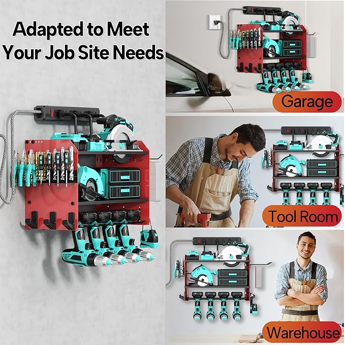 3 Layer Heavy Duty Power Tool Organizer Wall Mount with Charging Station, Adjustable Metal Storage Rack, 6 Outlets Power Strip, Drill Holders, Hooks & Drill Bit Rack for Garage, Workshop, Red