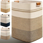 Laundry Hamper, 85L Tall Laundry Basket with Leather Handles, Rectangle Large Clothes Hamper for Organizing, Cotton Woven Laundry Baskets Storage Hampers for Bedroom, Nursery, Living Room