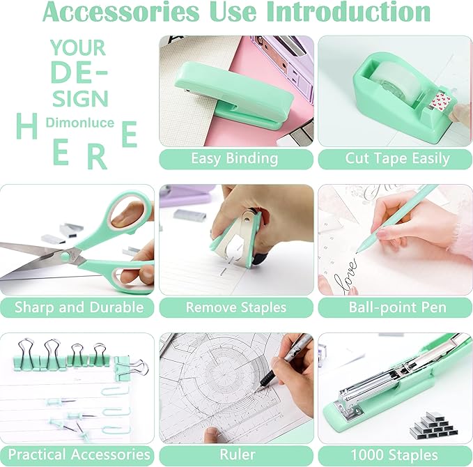 Green Office Supplies, Teal Desk Accessories Accessories with Tape Dispenser, Stapler, Staple Remover, 1000 Staples, Tape, Clips Set, Ruler, Scissor, Pen