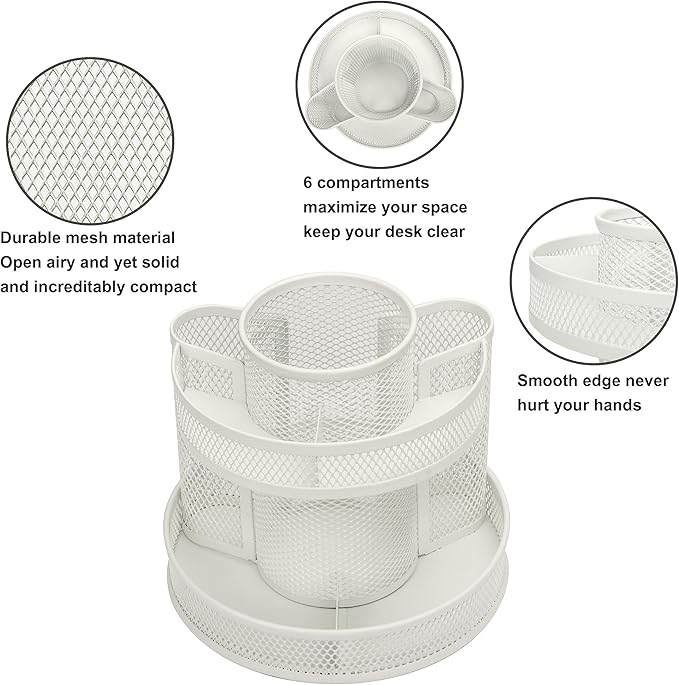 Annova Mesh Desk Organizer Rotate with 6 Compartments Round Spinning Tidy Candy/Pen Holder Desk Accessories Office, Art Supply, Storage, Classroom, Home (White)