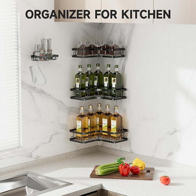 Veken Corner Adhesive Shower Caddy 4-Pack with Soap Holder&Hooks,No Drilling Shower Shelves,Rustproof & Waterproof Bathroom Organizers and Storage,Rack for Small Spaces, Kitchen&Rental-Friendly,Black