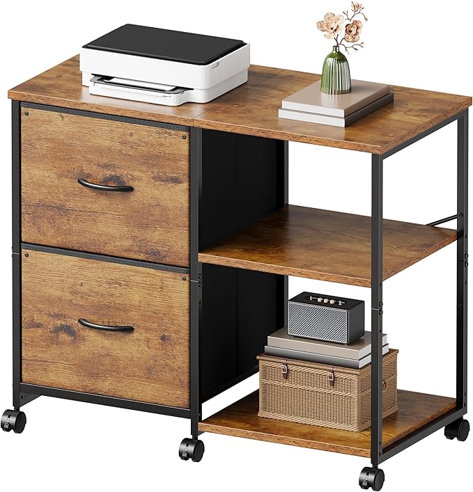 2-Drawer Fabric Lateral File Cabinet with Wheels, Rolling Printer Stand with Open Storage Shelf for Home Office, Rustic Brown