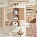 LEYAOYAO Rattan Bathroom Wall Cabinet, Boho Medicine Cabinet with Adjustable Shelf & Doors, Over The Toilet Storage Cabinets Organizer for Laundry Room, Kitchen, Living Room, Natural