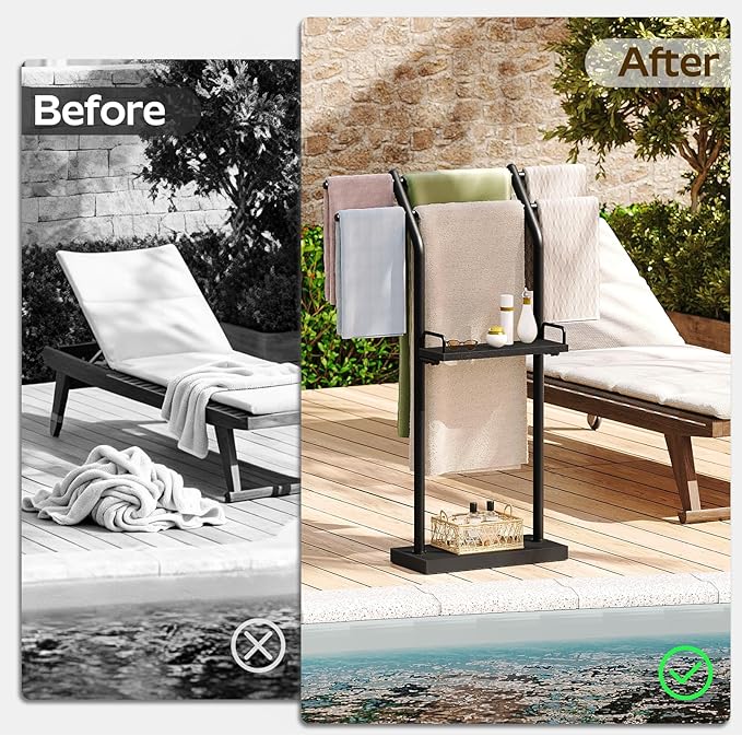 Free Standing Towel Rack, Taller Double-T Shape Bath Sheet Holder for Bathroom, Floor Blanket Holder Stand with Weighted Base, 4-Tier Towel Storage Rack, for Living Room, Balcony, Black CJ20BB