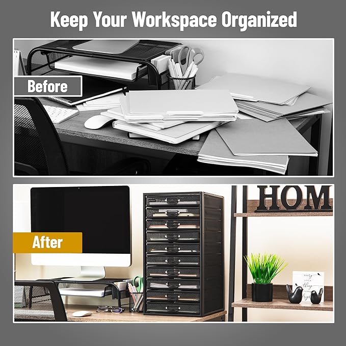 Mind Reader 10-Drawer Desk Organizer for Office Supplies, Crafts, Mail Sorting & More, Metal Mesh, 10.75"L x 14"W x 21.25"H, Black