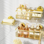 KEGII Suction Cup Shower Caddy – 3 Pack Suction Cup Shelf with Soap Holder & Hooks, Rustproof Stainless Steel Shower Organizer, Removable No Drilling Bathroom Storage Rack, Gold