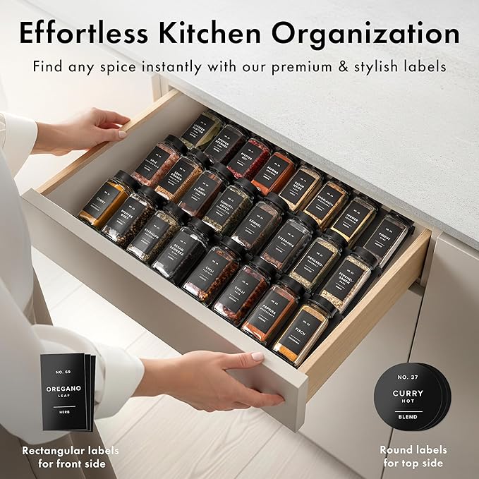 Glass Spice Jars with Label and Black Lids (24 x 4oz) Spice Containers with 240 Labels, Shaker Inserts, Steel Funnel, Empty Square Empty Square Seasoning Organizer