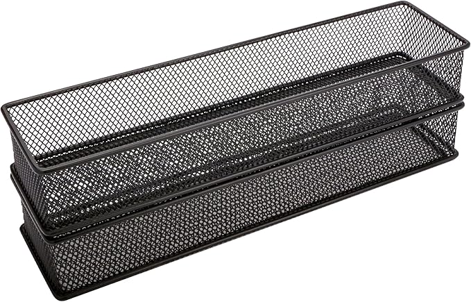 Annova Mesh Stackable Drawer Cabinet and Shelf Organizer Bins Storage Basket School Office Supply Holder Tray- Set of 2 (Black, 3x12x2 Inch)