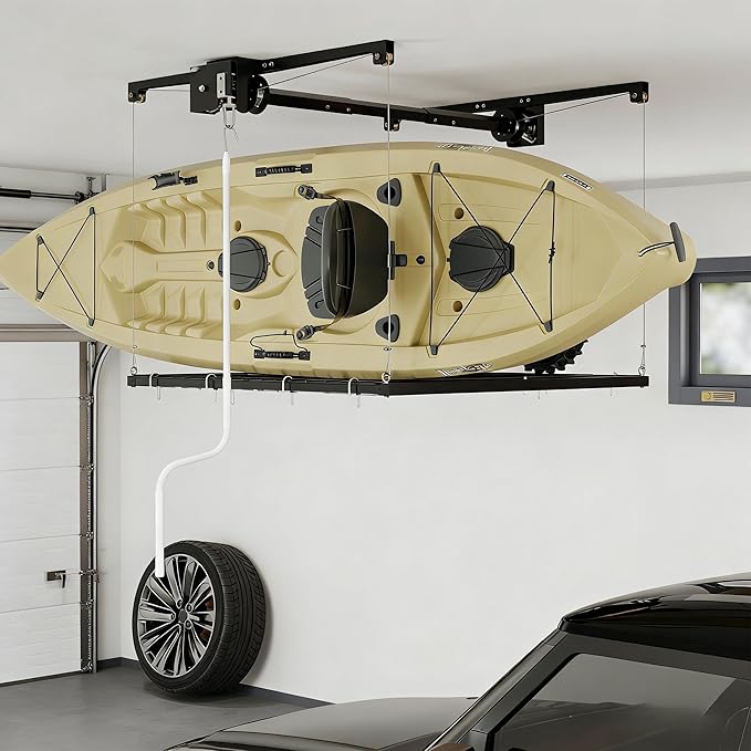 4x4 FT Overhead Garage Lifting Storage Rack, 350 lbs Capacity & 79"Lifting, Metal Garage Ceiling Rack, Adjustable Storage System with Safety Lock