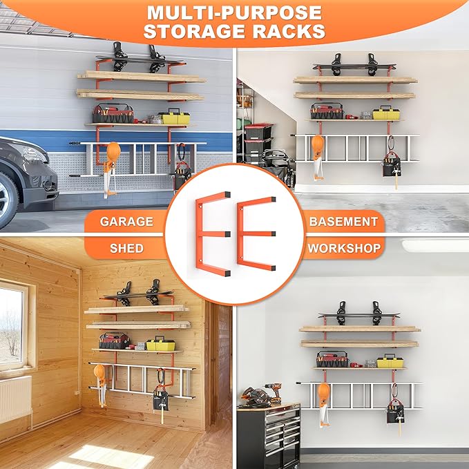 Ultrawall Lumber Storage Rack Wall Mount Wood Storage Racks, Metal Wood Organizer Racks for Shed, Workshop, Garage, Holds Up 220 LBS Per Level (Pack of 2, Orange)
