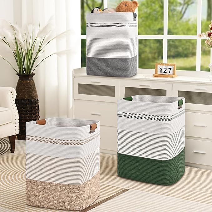 Laundry Hamper, 85L Tall Laundry Basket with Leather Handles, Rectangle Large Clothes Hamper for Organizing, Cotton Woven Laundry Baskets Storage Hampers for Bedroom, Nursery, Living Room