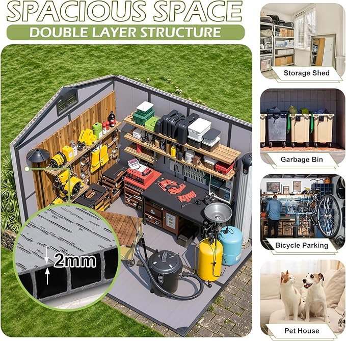 6 x 8 FT Resin Outdoor Storage Shed, All-Weather Plastic Garden Shed with Floor, Lockable Doors & Windows, Plastic Tool Shed for Poolside, Patio, Backyard