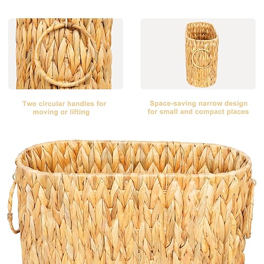 Large Toilet Paper Storage Basket, Wicker Toilet Paper Holder Basket for Bathroom, Natural Water Hyacinth Narrow Basket, Slim Toilet Paper Basket for 6 Mega Rolls, Magazines & Towels