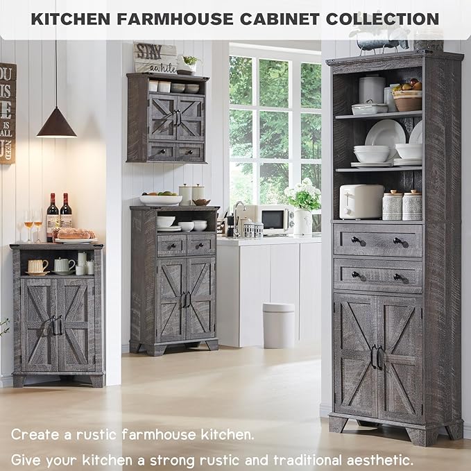 ACCOHOHO Corner Bathroom Cabinet, Farmhouse Small Corner Cabinet with Barn Door & Adjustable Shelf, Storage Cabinets for Bathroom, Kitchen, Living Room, Grey Wash