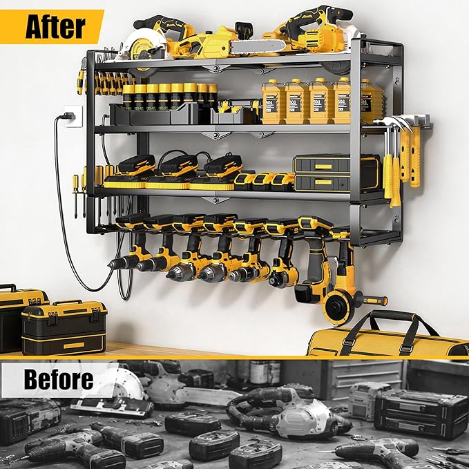 Large Power Tool Organizer Wall Mount with Charging Station, 400lbs Metal Storage Rack with 8 Cordless Drill Holder, 4 Tier Heavy Duty Battery Tool Shelf with 5 Outlet Power Strip for Garage