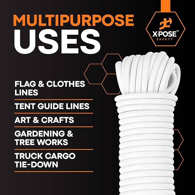 Plastic Clothesline - 50' Plastic Clothes Line - White Outdoor Weather Resistant - Synthetic Cord for Hanging and Drying Clothing & Laundry - Plastic Rope Clothes Line String for Pulley 6 Pack