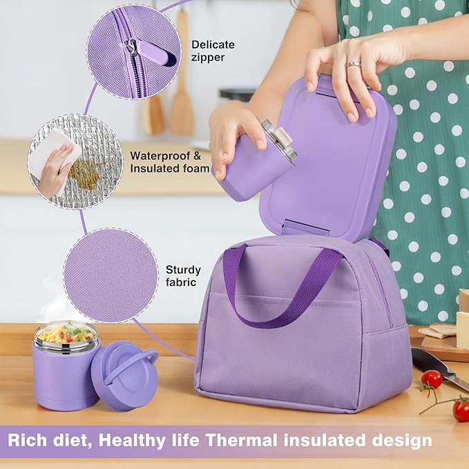 Bento Lunch Box Set with 10.5oz Soup Thermo Food Jar for Adults Kids, Stainless Steel Leak-proof Lunch Container with 4 Compartment, Coffee Tumbler with Lunch Bag for School Travel Office-Purple