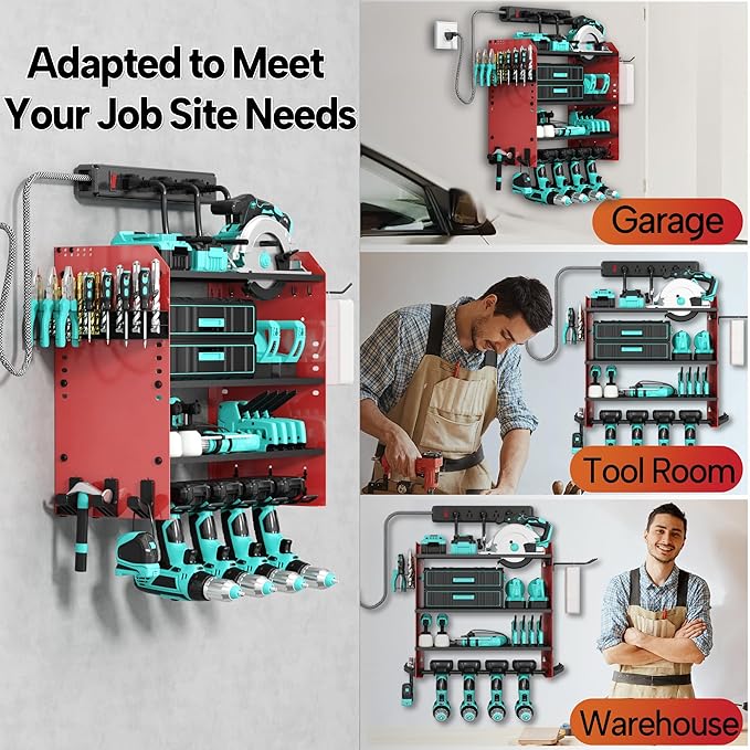 4 Layer Heavy Duty Power Tool Organizer Wall Mount with Charging Station, Adjustable Metal Storage Rack, 6 Outlets Power Strip, Drill Holders, Hooks & Drill Bit Rack for Garage, Workshop, Red
