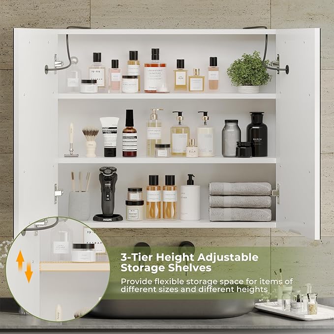 DICTAC Bathroom Medicine Cabinet with Mirrors and Led Lights 27.6x23.62 inch Double Doors Wall Mounted Mirror Cabinet with Storage Organizer Lighted Medicine Cabinets with Adjustable Shelves,White