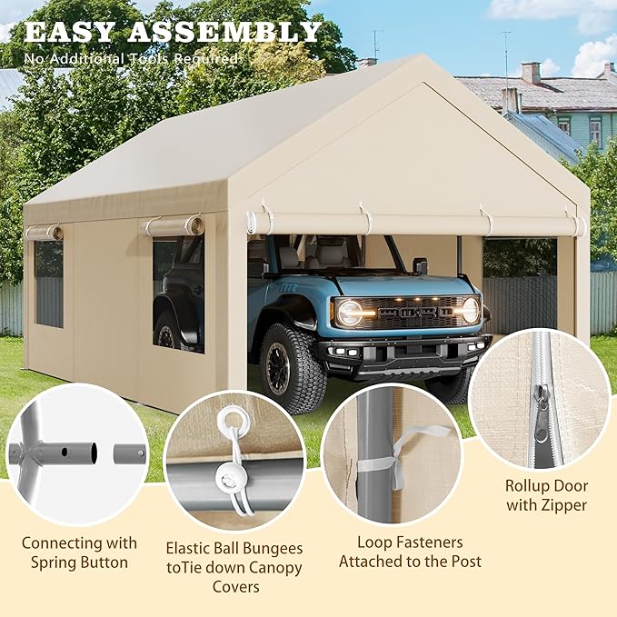 Nuturelly 10x20 FT Carport, Heavy Duty Carport Canopy with Roll-up Windows, Portable Garage with Removable Sidewalls & Doors, Car Canopy with All-Season PE Tarp for Car, Truck, Boat(Khaki)