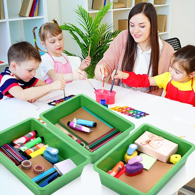 Hoteam 10 Pcs Flat Storage Organizer Tray Bin Letter Size Paper Tray for Classroom Plastic Stackable File Organizer for School Office Teacher Book Organization（ Green, 13.78 x 9.84 x 3.15 Inch）