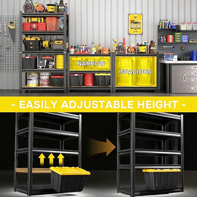 40" W Heavy Duty 4-Tier Adjustable Black Metal Garage Shelving Unit – Ideal for Garage, Basement, Pantry & Warehouse, Storage Shelves, 2400LBS, 16" D x 63" H, Black