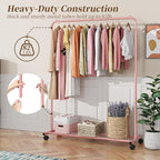 Simple Trending Standard Clothes Clothing Garment Rack with Storage Shelves, Rolling Clothes Organizer on Wheels for Hanging Clothes, Pink