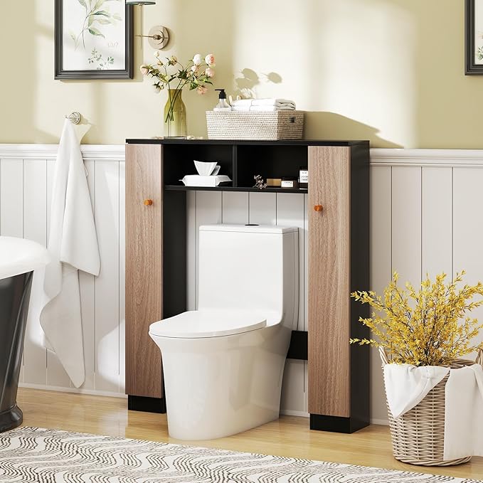 Tangkula Over The Toilet Storage Cabinet, Freestanding Above Toilet Organizer w/ 10-Level Adjustable Shelves & Crossbar, Anti-Tipping Device Included, Bathroom Space Saver (Modern, Black)