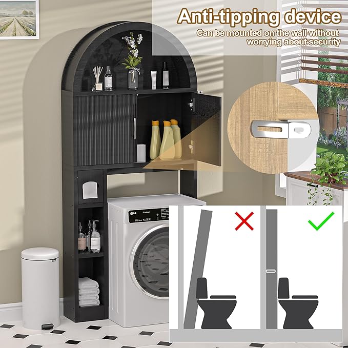 AHB Over The Toilet Storage Cabinet, Freestanding Bathroom Organizer with Adjustable Shelf and Anti-Tip Device, Arched Cabinet with Doors, Space-Saving Toilet Storage for Bathroom, Laundry, Mini Bar