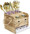 Ikee Design Wooden Utensil Caddy Flatware Holder with Handles - Utensil Holder for Dining Room, Restaurant and Kitchen, Oak Color, 7.13”W x 6.63”D x 7.5”H