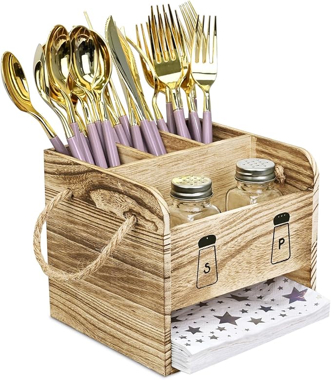 Ikee Design Wooden Utensil Caddy Flatware Holder with Handles - Utensil Holder for Dining Room, Restaurant and Kitchen, Oak Color, 7.13”W x 6.63”D x 7.5”H