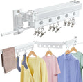 Clothes Drying Rack Wall Mounted, Retractable Space-Saving Aluminum Foldable Laundry Drying Rack for Indoor & Outdoor Use - Laundry Rooms, Bathroom & Balconies,Includes 10 Clothespins(White)