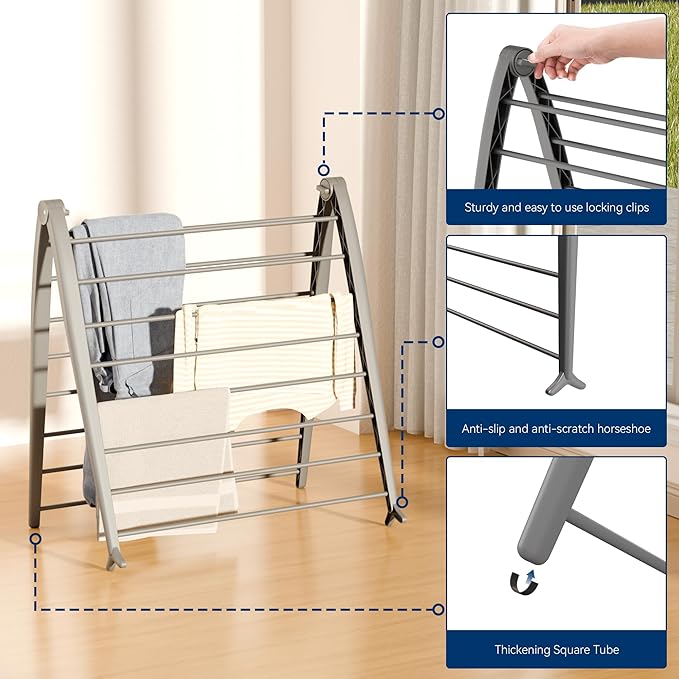 Whitmor Spacemaker Folding Drying Rack, Indoor Clothes Organizer with Patent-Pending Design, Space Saving, 6" L x 26" W x 51.5" H, Grey