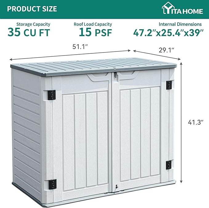YITAHOME Outdoor Horizontal Storage Sheds w/o Shelf, 35 Cu Ft Lockable Resin Waterproof Shed, Ideal for Garden Tools, Easy to Assemble, Light Gray
