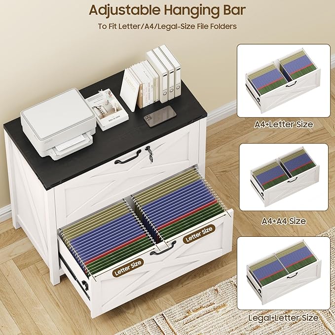 Lateral File Cabinet with 2 Large Drawers, Farmhouse File Cabinet with Lock for Letter/Legal/A4 Size Hanging Files, Wood File Storage Cabinets Printer Stand for Home Office Cabinets, White and Black