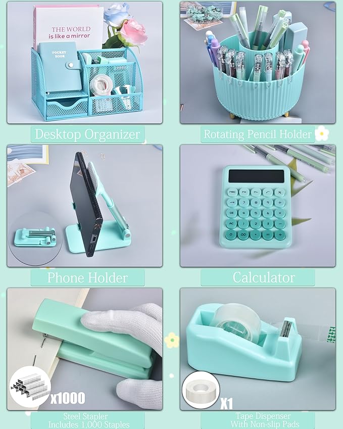 21Pcs Green and Blue Desk Organizers and Accessories With Mesh Desk Organizer and 360°Rotating Pen Holder and a Lot of Office Green Office Supplies Beautifully Presented in a Gift Box