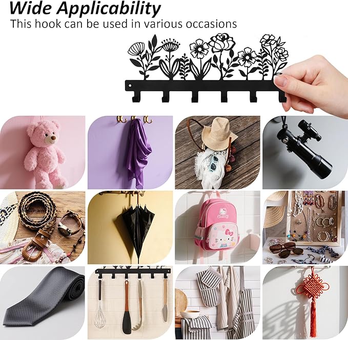 16 Inches Towel Rack Wall Mounted with 6 Hooks, Black Metal Key Hanger Keychain Holder for Entryway Front Door Hallway Mudroom, Waterproof Rustproof Kitchen Bathroom Organizer Home Decor