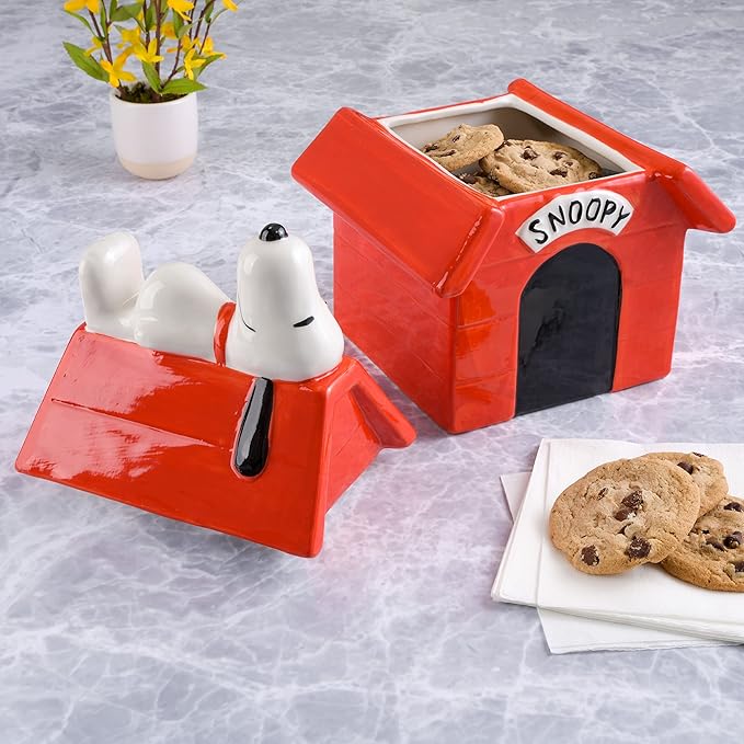 Peanuts Classic Snoopy Doghouse Cookie Jar, 11.2-Inch Ceramic Jar With Lid, Vintage Cartoon Collectible Kitchen Storage Container