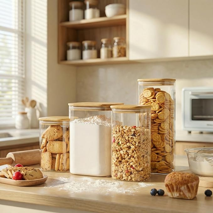 Square Glass Jars with Bamboo Lids 30 FL OZ [Set of 6], Glass Canisters with Airtight Lid, Glass Food Storage Container for Pasta, Flour, Sugar, Rice, Best for Kitchen & Pantry