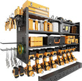 Power Tool Organizer Wall Mount with Charging Station, Heavy-Duty Metal Garage Tool Storage Rack & 8 Outlet Power Strip, 33 Inch Long 4 Tier Shelves for Workshop Organization