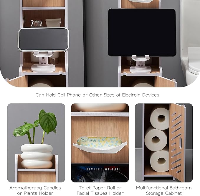Doxo Waterproof Toilet Paper Holder Behind Toilet Storage Cabinet for Restroom, Slim Toilet Paper Storage with Lid (0ak)