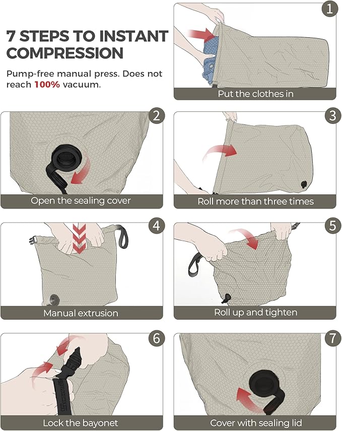Travel Laundry Bag, Pump Free Vacuum Storage Bag Reusable Compression Dirty Clothes Travel Bag Waterproof Wet Dry Bags Large Capacity Space Saver Bags Camp Clothes Organizer (1 Pcs)(Gray, L)