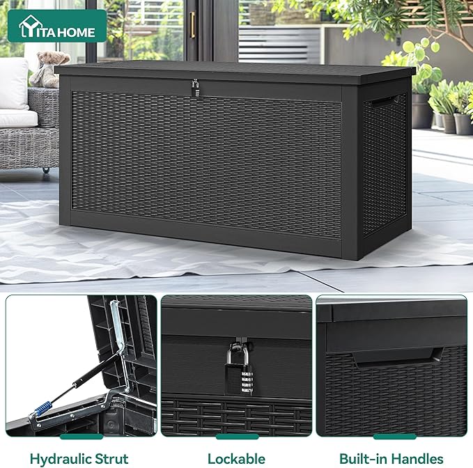 YITAHOME 260 Gallon Outdoor Storage Box, Large Water Resistant Resin Deck Box, Indoor Outdoor Lockable Storage Container for Patio, Garden, Cushions, Tools, Equipment(Black)