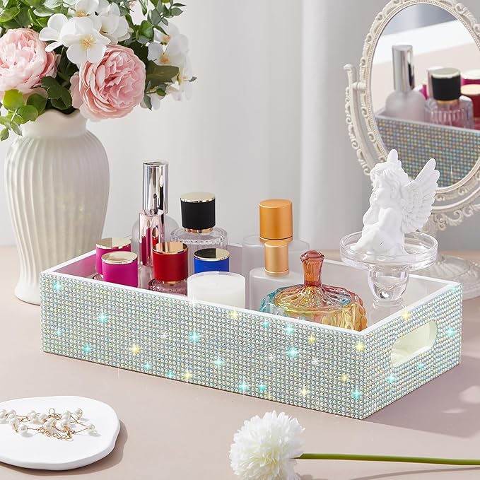 Honeydak Bling Rhinestone Bathroom Basket with Handle 13" x 6" x 3" Toilet Tank Tray, Crushed Diamond Bathroom Decor Accessories, Back of Toilet Storage Organizer, Sparkly Gifts for Women(White)